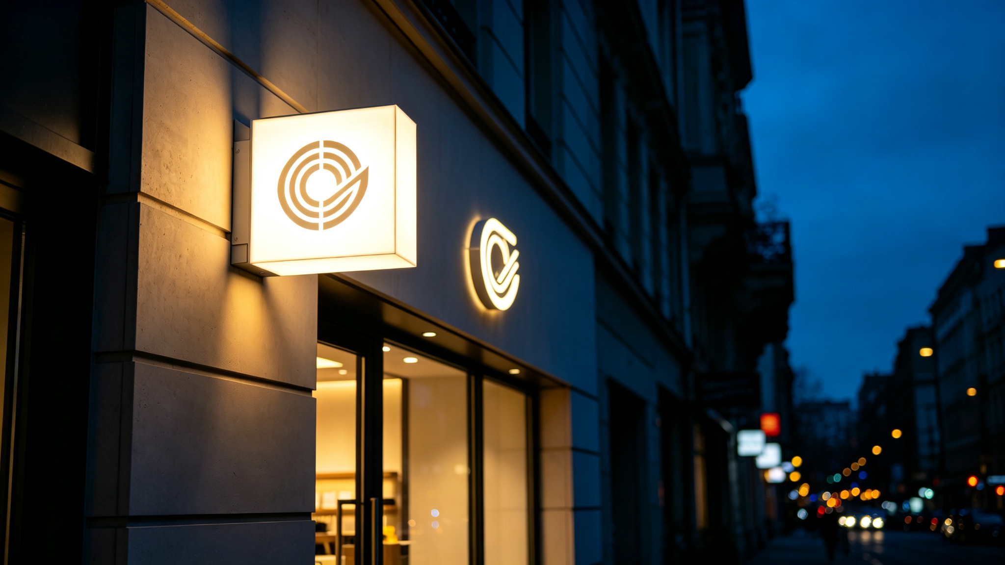 LED light box signage glowing on a storefront at night