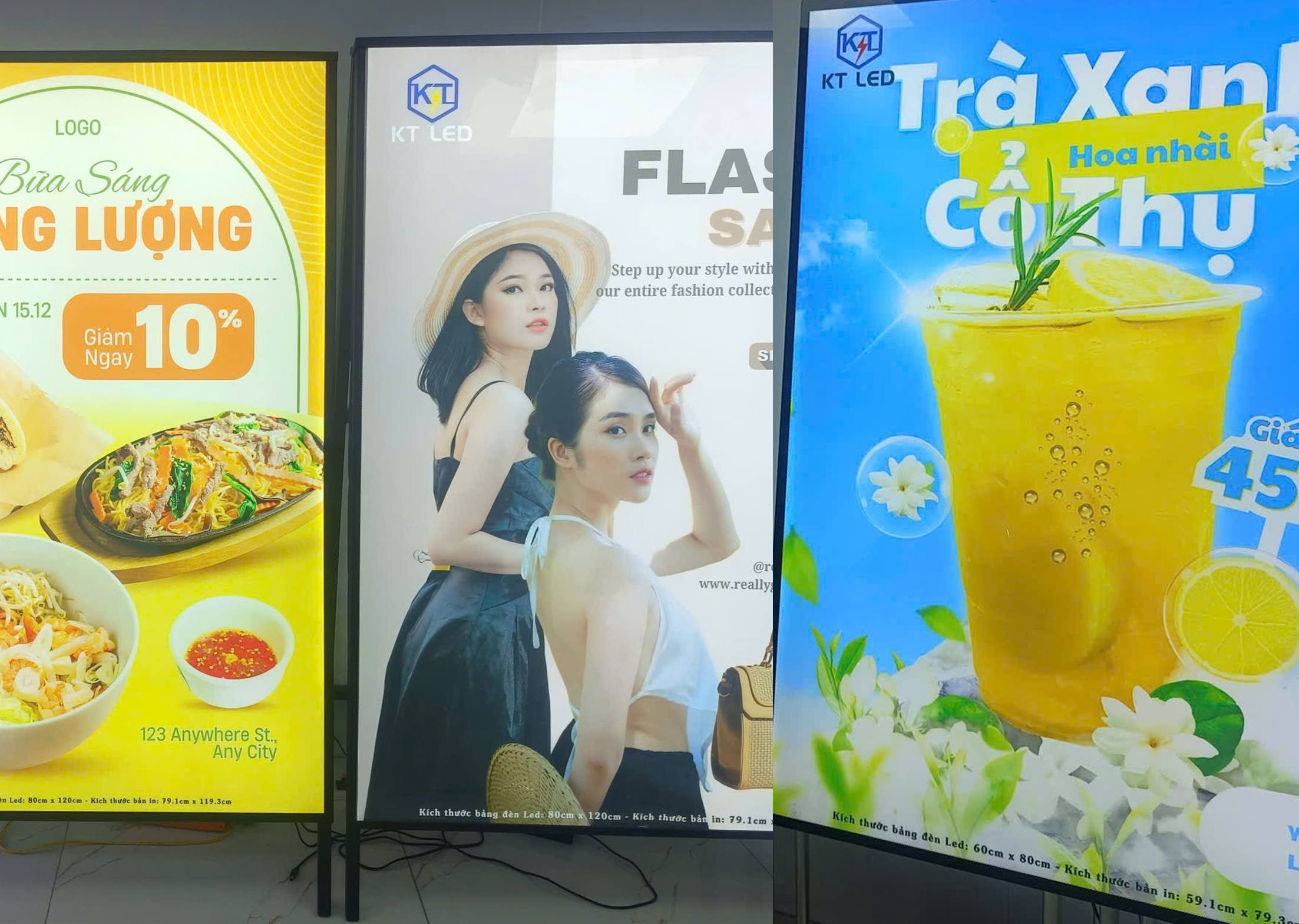 KT LED light boxes showing menus and promotions