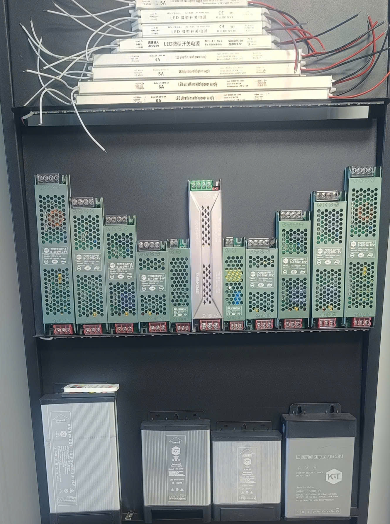 Boxed LED power supplies on display